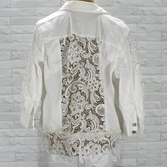 Hand Crafted Jackets & Blazers - HAND CRAFTED Jacket Denim Upcycled Lace Pearl Floral White Plus Size 16